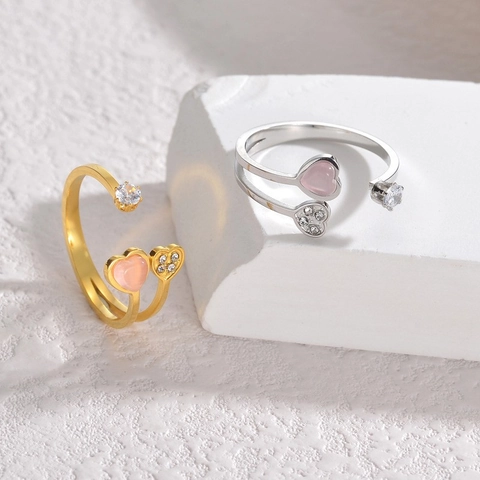 Neuer Chinesischer Stil Edelstahl Offener Ring Für Damen Herzform Strass Eingelegt Verstellbarer Fingerring Schmuck Geschenk