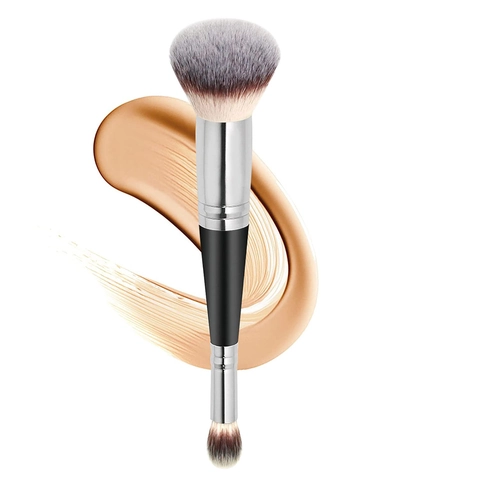 Pinceau De Maquillage À Double Extrémité Fibre Synthétique Fond De Teint Anti-cernes Contour Poignée En Bois