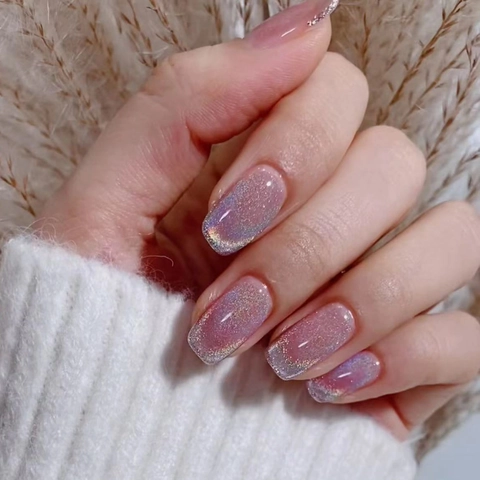 Aurora Cat Eye Press On Nails Nude Pink Holographic Glitter Shimmer Square Round Fake Nails For Women Manicure Daily Wear