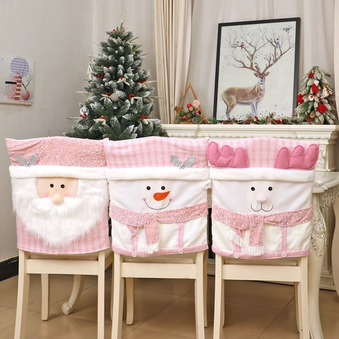 Christmas Chair Back Covers Pink Santa Snowman Reindeer Velvet Plush Sequin Festive Dining Room Kitchen Decoration