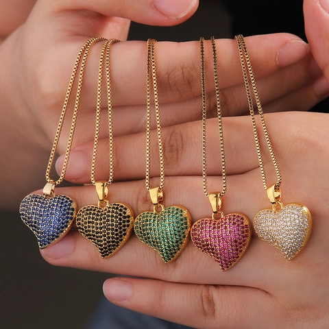 Heart Pendant Necklace With Copper Zircon Pave Micro-setting Gold Plated Box Chain Elegant Clavicle Jewelry For Women