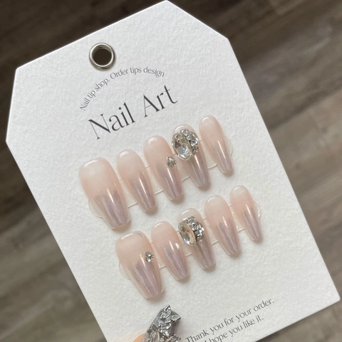 Handmade Press On Nails Moonlight White Gradient Rhinestone Bow Long Coffin False Nails For Women Party Sweet Spicy Girl Style