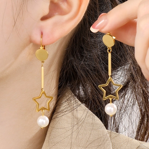 Pendientes de Gota de Estrella de Cinco Puntas de Acero Inoxidable para Mujer Elegantes Pendientes Colgantes de Estrella de Perla Artificial