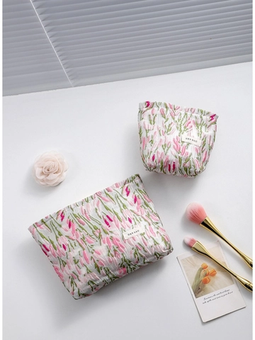 Makeup Bag Jacquard Canvas Tulip Floral Pattern Portable Travel Toiletry Organizer Zipper Pouch For Women