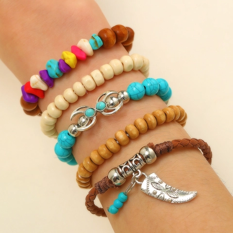 Bracciale Multistrato in Stile Western Bohemien Set Perline in Legno Turchese Sintetico Ciondoli Lega Gioielli Etnici Unisex