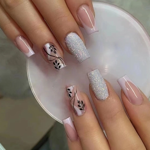 Long Coffin Press On Nails French Nude Pink With Black Leaf Silhouette And Silver Glitter
