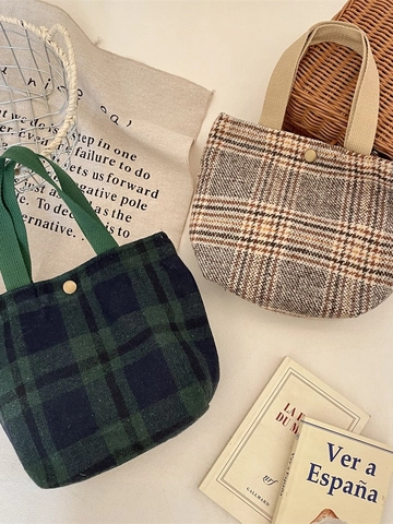 Borsa A Mano In Lana A Quadri Retrò Stile Letterario Vintage Mini Borsa Bento Con Chiusura A Bottone Automatico