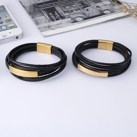 Bracciale Da Uomo In Pelle Intrecciata Multistrato Con Chiusura Magnetica In Acciaio Inossidabile Gioielli Punk