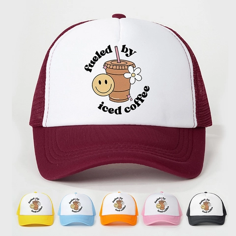 Trucker Hat Mesh Back Foam Front Fueled By Iced Coffee Print Adjustable Sun Hat Outdoor Retro Style For Women Men