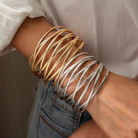 Multi Layer Open Manchet Armband Legering Metaal Geometrisch Breed Statement Mode Sieraden Voor Dames