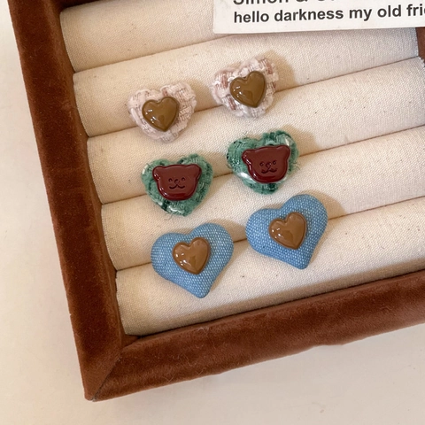 Heart And Bear Stud Earrings Retro Vintage Handmade Fabric Tweed Denim Resin With Silver Earring Post For Women Girls