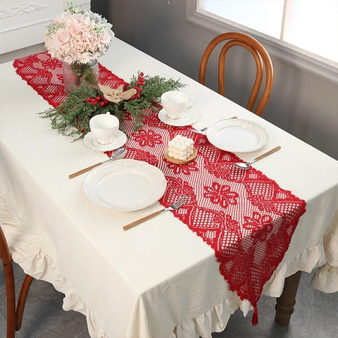 Amerikaanse Kerst Kant Tafel Runner Met Kwastjes Polyester Opengewerkt Bloemenpatroon Tafelsjaal Voor Feest Vakantie