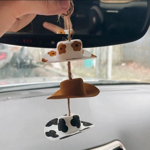 Mini Cowboy Hut Auto Rückspiegel Anhänger Zubehör Western Style Filz Ornament Mit Juteseil Und Discokugel