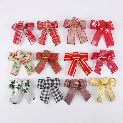 Fiocchi Decorativi Natalizi In Tessuto E Nastro Di Lino Per Albero Di Natale Confezioni Regalo Motivo A Quadri E Fiocchi Di Neve