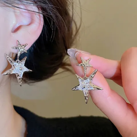 Dubbele Ster Hangende Oorbellen Koper Zirkonia Met Zilveren Oorsteker Elegante Trendy Sieraden Voor Dames