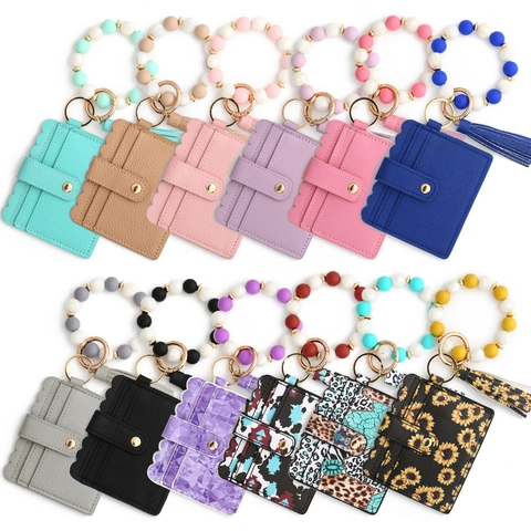 Silicone Bead Bracelet Keychain PU Leather Card Holder Wallet With Tassel Wristlet For Women Fashion Accessory