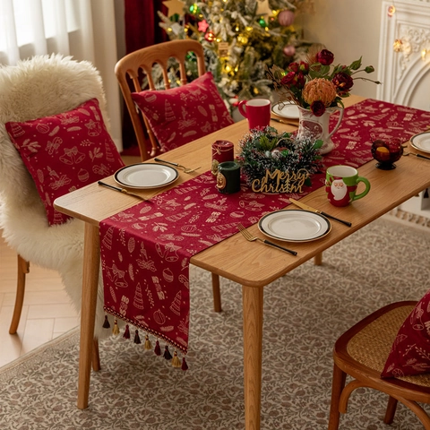 Camino De Mesa Navideño Patrón Reno Copo De Nieve Con Borlas Poliéster Jacquard Decoración Hogar Comedor Rojo