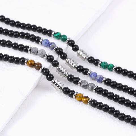 Beaded Necklace Natural Tiger Eye Stone Black Beads Stainless Steel Hip Hop Fashion Jewelry For Men