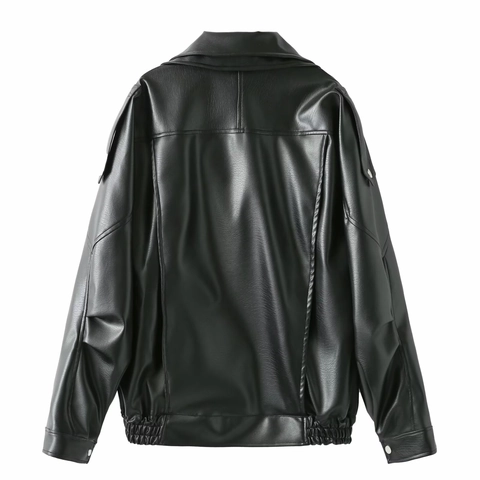 Chaqueta Moto de Cuero Sintético Suelta para Mujer Negro Oversize Abrigo Biker PU Con Cinturón Y Cremallera Asimétrica Top