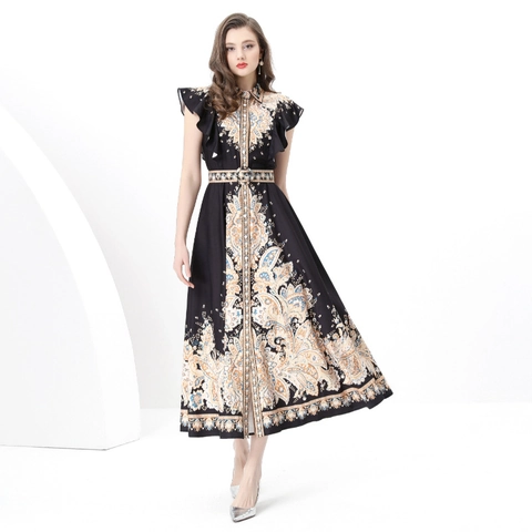 Maxi Jurk Met Barokke Paisley Print Polyester Riem Fladder mouwen Overhemdkraag Elegant Retro A-Lijn Vakantie Jurk Dames