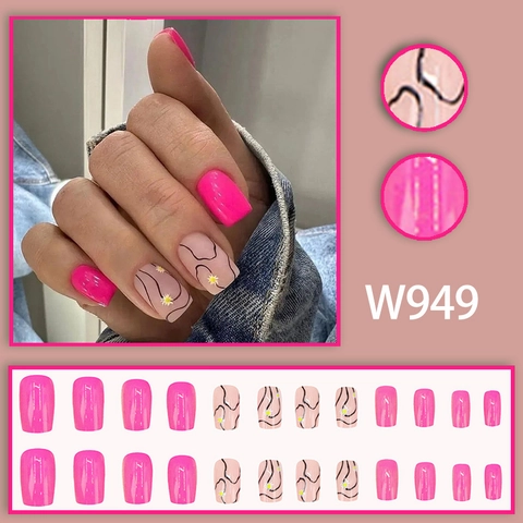 Unghie Finte A Pressione Rosa Acceso Corte Quadrate Lucide Con Margherite E Linee Astratte Nere