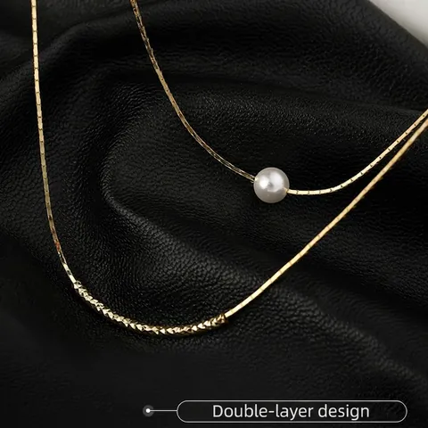 Collar Doble Capa Cobre Perla Barroca Artificial Geométrica Cadena De Clavícula Joyería Para Mujer Elegante