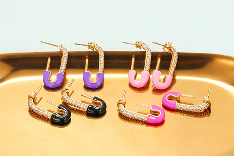 Orecchini A Spilla Di Sicurezza Rame Zirconia Micro Pave Smalto Colorato Gioielli Geometrici Di Tendenza Donna