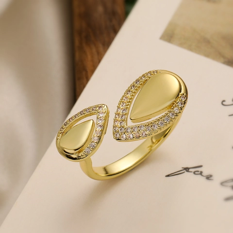 Asymmetric Double Water Drop Open Ring 18K Gold Plated Copper Zircon Adjustable Irregular Geometric Elegant Jewelry