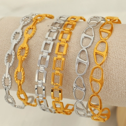 Vintage Stainless Steel Cuff Bracelets For Women Hollow Geometric C-Shape Adjustable Bangle Stacking Fashion Jewelry