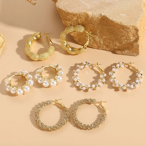 Hoop Ohrringe 14K Vergoldet Kupfer Geometrisch Mit ABS Künstliche Perle Und Zirkon Mode Eleganter Schmuck Für Frauen
