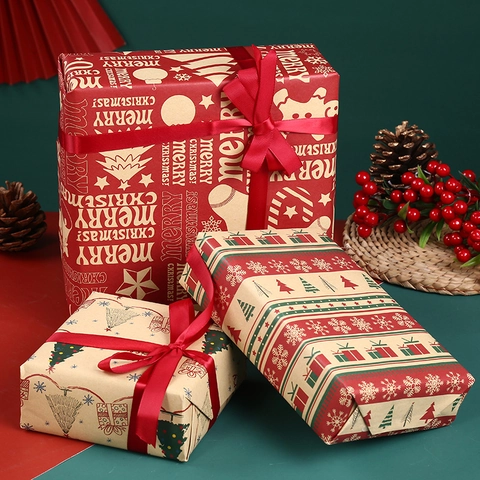 Christmas Gift Wrapping Paper Kraft Paper Retro Reindeer Snowflake Christmas Tree Patterns Holiday Gift Wrap For DIY Crafts Decoration