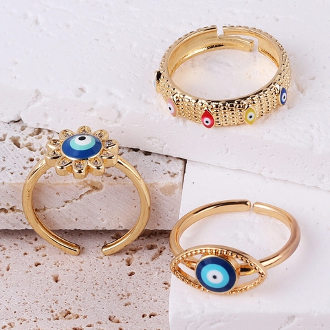 Bagues Ouvertes Mauvais Œil Pour Femmes Laiton Plaqué Or Émail Strass Ajustable Bijoux Bohémiens Méditerranéens