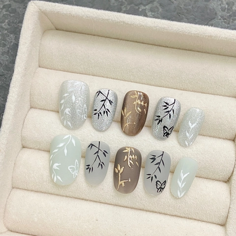 Handmade Press On Nails Chinese Style Bamboo Pattern Matte Glossy Mixed Elegant Reusable Artificial Fingernails Women