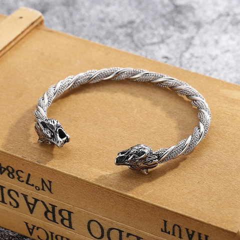 Retro Stainless Steel Wolf Snake Head Open Cuff Bracelet Viking Twisted Cable Bangle Punk Jewelry Men
