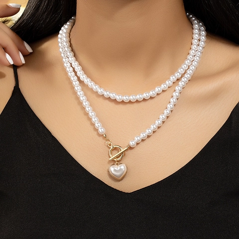 French Retro Double Layer Artificial Pearl Necklace For Women Elegant Alloy Heart Pendant Jewelry With OT Clasp Party Gift