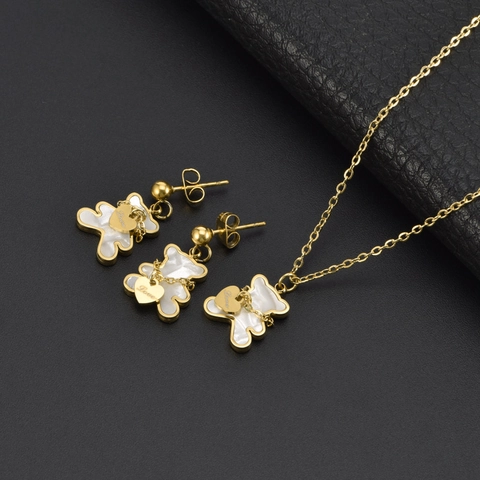 Beer Ketting En Oorknopjes Sieraden Roestvrij Staal Titanium Wit Kunstparelmoer Hart Love Verguld Vrouwen