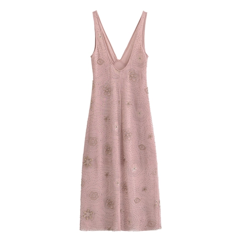 Damen V Ausschnitt Pailletten Mesh Midi Kleid Ärmellos Blumen Perlen Stickerei Party Abend Anlass Elegant Rosa