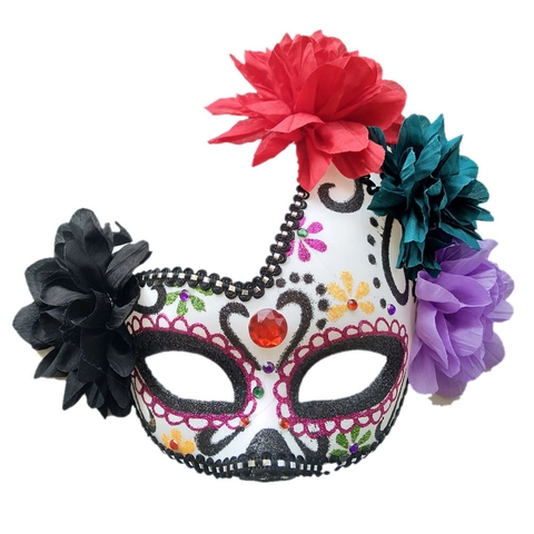 Day Of The Dead Masquerade Mask Women Halloween Party Plastic Floral Fabric Flowers Feather Lace Decorative Props