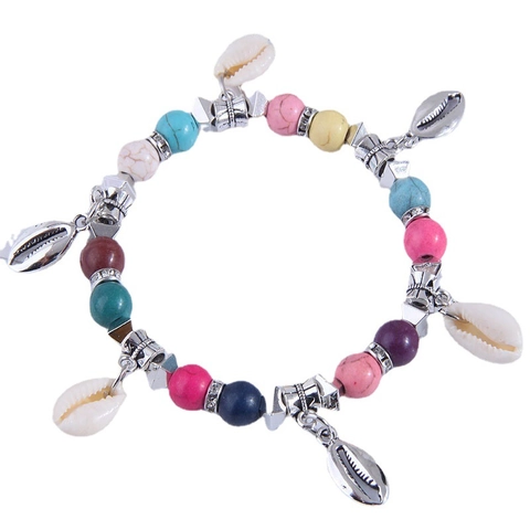Bohemian Perlenarmband Legierung Türkis Naturmuschel Anhänger Strass Elastischer Strand Schmuck Damen