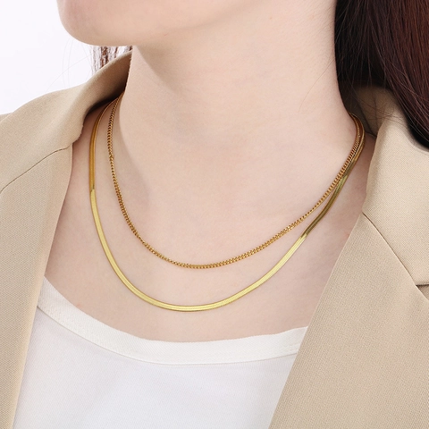 Double Layered Necklace Stainless Steel Flat Snake Herringbone Link Chain Minimalism Trendy Jewelry Women