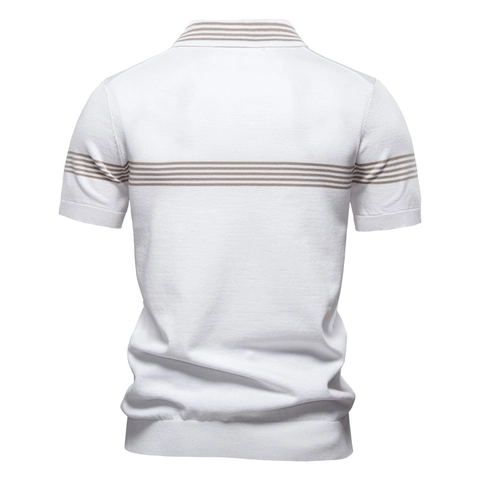 Polo En Tricot Rayé Pour Hommes Manches Courtes Demi-Fermeture Éclair Col Rabattu Business Casual Mélange De Viscose