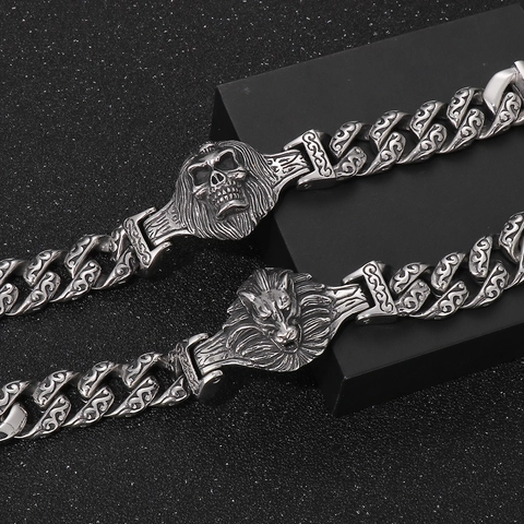 Men Punk Chain Bracelet 316L Stainless Steel Skull Wolf Head Lion Head Antique Finish Gothic Hip Hop Street Jewelry