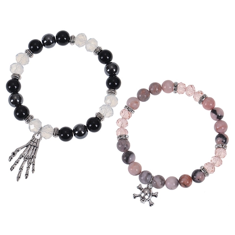 Halloween Naturstein Perlenarmband Mit Legierung Skelett Hand Und Totenkopf Anhänger Gothic Punk Modeschmuck Unisex