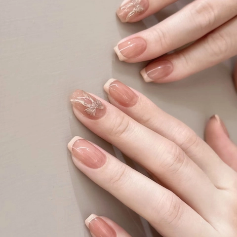 Elegant Press On Nails French Tip Design With 3D Bow Knot Decor Nude Pink Glossy Finish Artificial Fake Manicure For Women