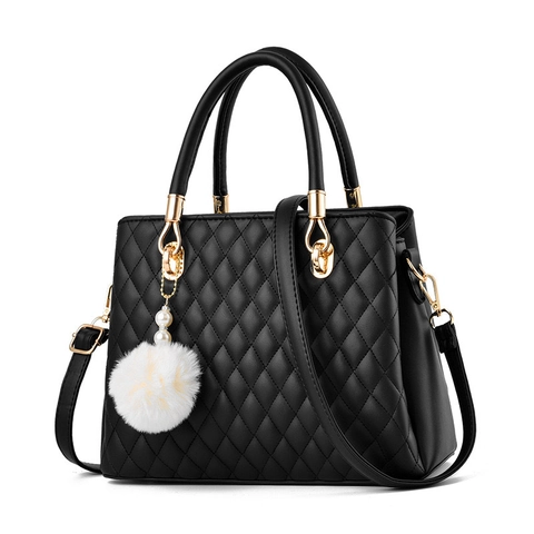 Elegante Gewatteerde Handtas Voor Dames PU Leer Schoudertas Grote Capaciteit Pompon Kunstparel Bedeltje Mode