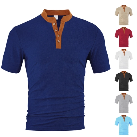 Chemise Henley Homme Manches Courtes Polyester Jacquard Texture Gaufre Respirant Col Contrasté Haut Été