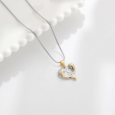 Collana Con Ciondolo In Acciaio Inossidabile Bicolore Oro Argento Martellato Fiore Cuore Rosa Catena Clavicola Minimalista