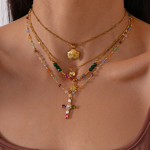 Bohemian Necklace Layered Alloy Colorful Beaded Cross Heart Shell Sun Pendants Rhinestone Fashion Women