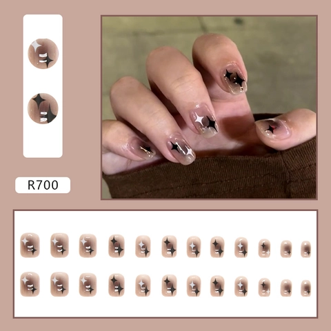 Artificial Fingernails Brown Gradient Star Pattern Short Square Glossy Manicure For Women Daily Wear