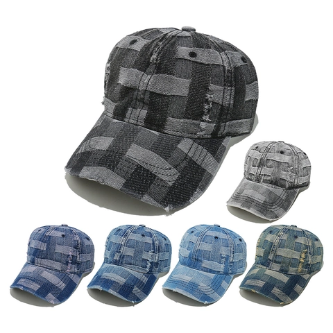 Distressed Washed Denim Baseball Cap Retro Gewebte Karo Fransen Kanten Baumwolle Verstellbar Outdoor Unisex